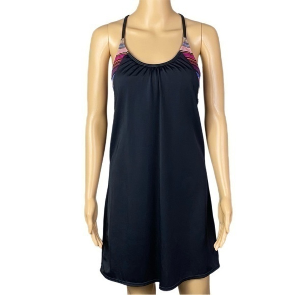 ATHLETA “Black Multi Blousy Tankini Swim Dress” w/built-in bra. Size 34 B/C. EUC